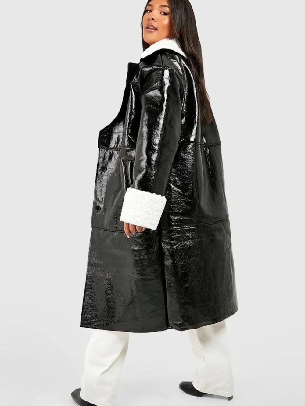Boohoo Plus High Shine Shaggy Fur Longline Aviator Black Size 3X